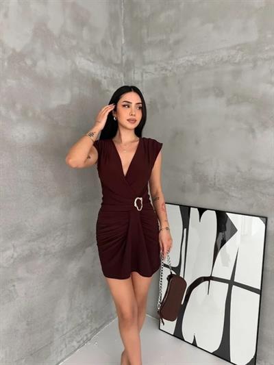 Kruvaze Drapeli Tokalı Mini Elbise Şık Gece Davet Abiye - Kahverengi