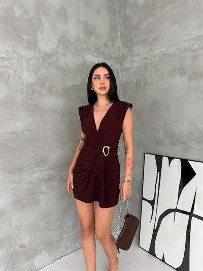 Kruvaze Drapeli Tokalı Mini Elbise Şık Gece Davet Abiye - Kahverengi
