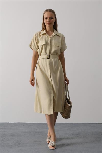 Kuşaklı Cep Detaylı Yarım Kol Elbise - Ekru