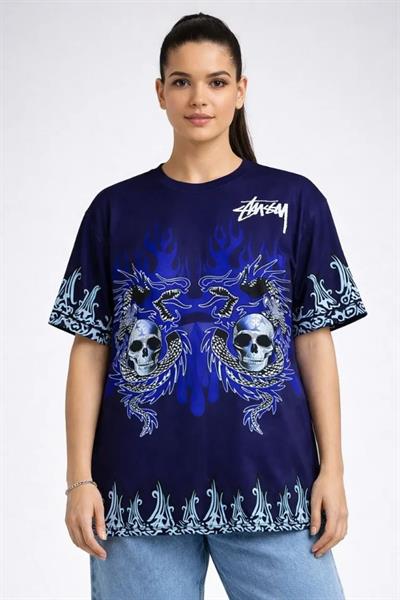 Lacivert Oversize Tişört Dragon - Kuru Kafa Baskılı Bisiklet Yaka T-Shirt - Lacivert