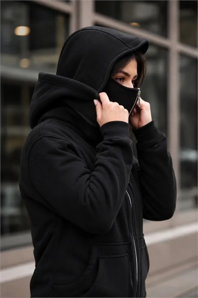 Maskeli Ninja Model Çift Kapüşonlu 3 İplik Şardonlu Fermuarlı Oversize Sweatshirt - Siyah