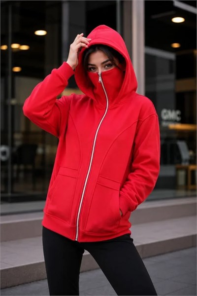 Maskeli Ninja Model Çift Kapüşonlu 3 İplik Şardonlu Fermuarlı Oversize Sweatshirt - Kırmızı