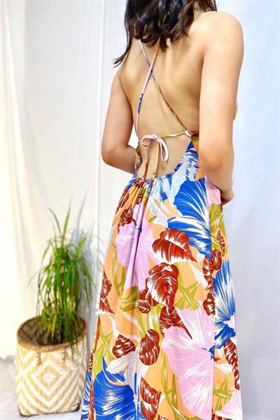 Mavi Sırt Dekolteli Keten Elbise