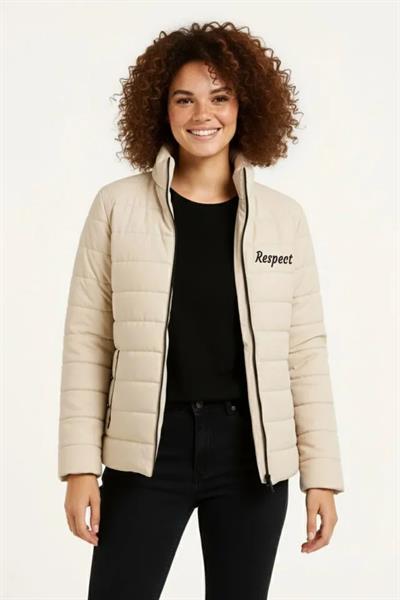 Mikro Su İtici Kapitone Baskılı Astarlı Fermuarlı Bomber Mont - Bej