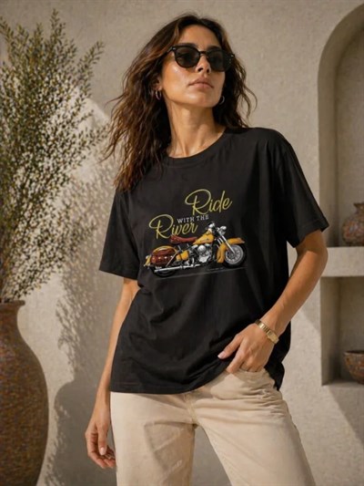 Motosiklet Baskılı Tişört Bisiklet Yaka Kısa Kol Yazlık T-Shirt - Siyah