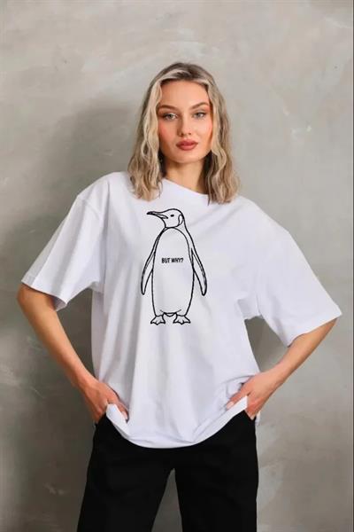 Nihilist Penguen Özel Tasarım Oversize Bisiklet Yaka Tişört - Beyaz