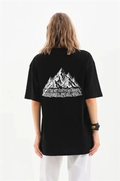 Nihilist Penguen Temalı Oversize Bisiklet Yaka Tişört - Siyah