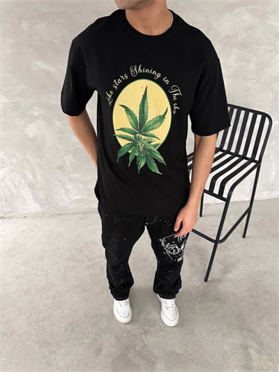 Ön Ve Arka Baskılı Oversize Bisiklet Yaka T-shirt- Siyah