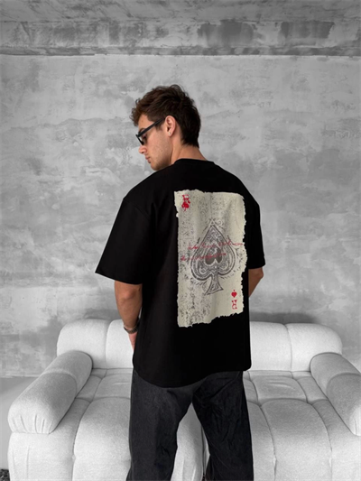 Ön Ve Arka Baskılı Oversize Bisiklet Yaka T-shirt - Siyah