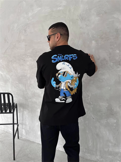 Ön Ve Arka Baskılı Oversize Bisiklet Yaka T-shirt- Siyah