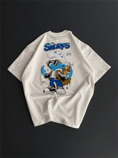 Ön Ve Arka Baskılı Oversize Bisiklet Yaka T-shirt- Beyaz