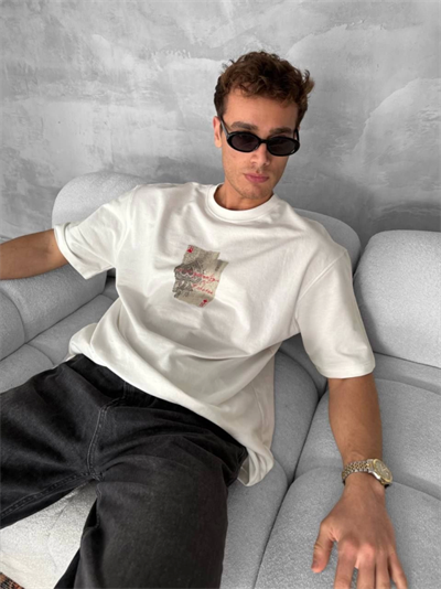 Ön Ve Arka Baskılı Oversize Bisiklet Yaka T-shirt - Beyaz