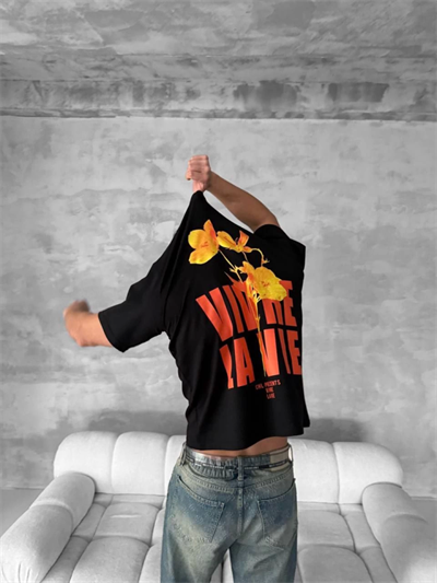 Ön Ve Arka Baskılı Oversize Bisiklet Yaka T-shirt- Siyah