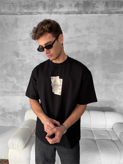 Ön Ve Arka Baskılı Oversize Bisiklet Yaka T-shirt - Siyah