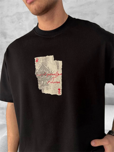 Ön Ve Arka Baskılı Oversize Bisiklet Yaka T-shirt - Siyah