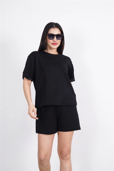Osy Modal Yumuşak Dokulu Kumaş Bisiklet Yaka T-shirt Kısa Şort İkili Takım - Siyah