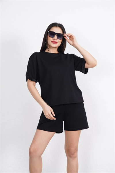 Osy Modal Yumuşak Dokulu Kumaş Bisiklet Yaka T-shirt Kısa Şort İkili Takım - Siyah