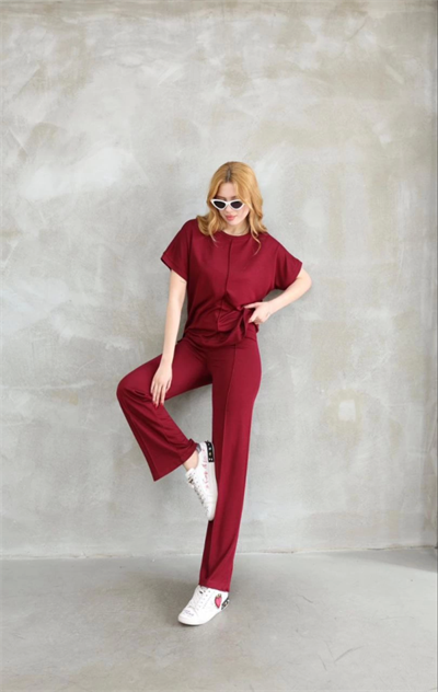 Osy Modal Yumuşak Dokulu Kumaş Bisiklet Yaka Kısa Kollu Takım - Bordo