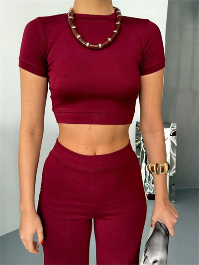 Osy Modal Yumuşak Dokulu Kumaş Kısa Kollu Crop Alt Ispanyol Paça Pantalon Ikili Takım - Bordo