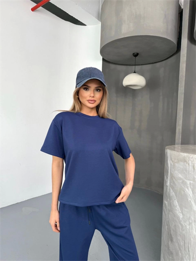 Osy Modal Yumuşak Dokulu Kumaş Kısa Kollu Bluz Rahat Pantalon Ikili Takım- Lacivert