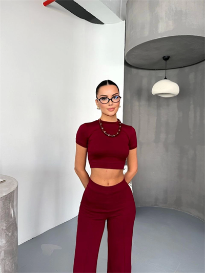 Osy Modal Yumuşak Dokulu Kumaş Kısa Kollu Crop Alt Ispanyol Paça Pantalon Ikili Takım - Bordo