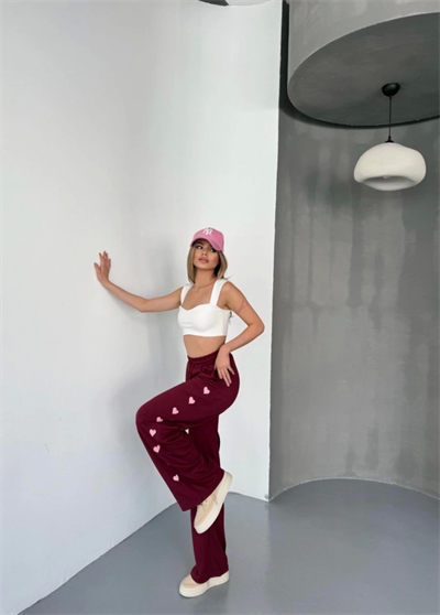 Osy Modal Yumuşak Dokulu Kumaş Nakış Işlemeli Rahat Bol Paça Eşofman Pantalon - Bordo