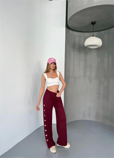 Osy Modal Yumuşak Dokulu Kumaş Nakış Işlemeli Rahat Bol Paça Eşofman Pantalon - Bordo
