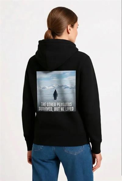 Oversize Hoodie - Sırt Baskılı Survivor Penguin Temalı, Felsefi Yazılı Kapüşonlu Sweatshirt - Siyah
