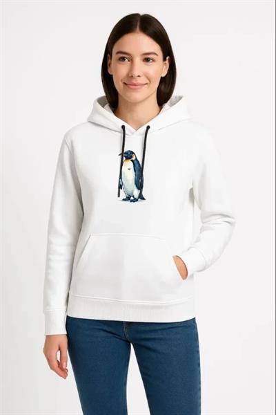 Oversize Hoodie - Sırt Baskılı Survivor Penguin Temalı, Felsefi Yazılı Kapüşonlu Sweatshirt - Beyaz