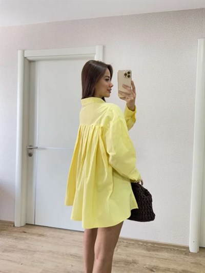 Oversize Pens Detaylı Cepli Yırtmaçlı Rahat Kalıp Poplin Gömlek - Sarı
