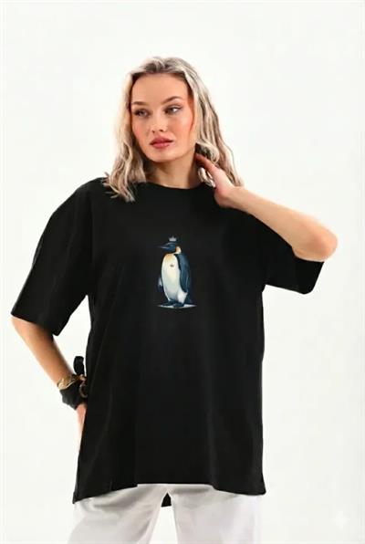 Oversize Tişört - Sırt Baskılı Survivor Penguin Temalı, Felsefi Yazılı Bisiklet Yaka Tişört - Siyah