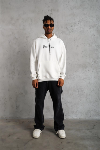 Oversize Üç İplik Şardonlu Kapüşonlu Sweatshirt – Beyaz “Other Lives” Ön Ve Arka Baskılı, Kanguru Cepli, Ribanalı Rahat Kışlık Model Beyaz