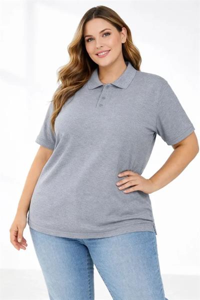 Pike Kumaş Düğmeli Yaka Battal Büyük Beden Günlük Kısa Kol Tişört T-shirt - Gri