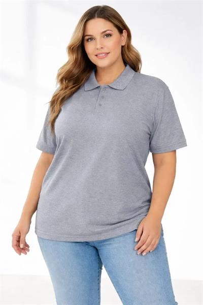 Pike Kumaş Düğmeli Yaka Battal Büyük Beden Günlük Kısa Kol Tişört T-shirt - Gri