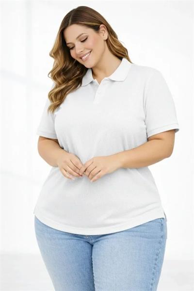 Pike Kumaş Düğmeli Yaka Battal Büyük Beden Günlük Kısa Kol Tişört T-shirt - Beyaz