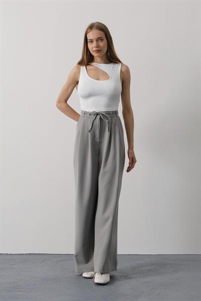 Pileli Bağcıklı Oversize Pantolon - Gri