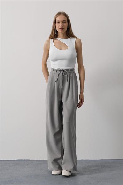 Pileli Bağcıklı Oversize Pantolon - Gri