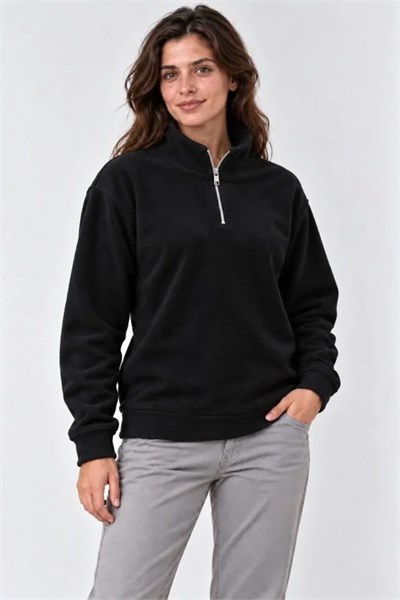 Polar Dik Yaka Yarım Fermuarlı Uzun Kollu Regular Fit Kışlık Sweatshirt - Siyah
