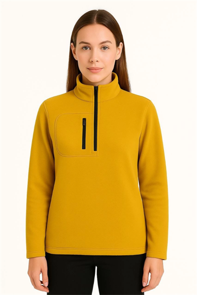 Polar Kazak – Dik Yaka, Yarım Fermuarlı, Fermuarlı Göğüs Cepli, Siyah Biyeli, Kışlık Rahat Regular Fit Günlük Model - Sarı