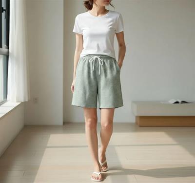 Pötikareli Şort – Beli Lastikli Bağcıklı, Cepli, Rahat Kesim Günlük Yazlık Şort - Mint Yeşili
