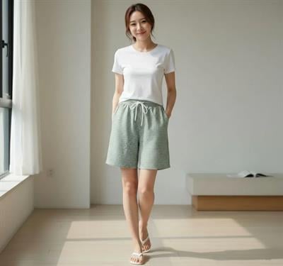 Pötikareli Şort – Beli Lastikli Bağcıklı, Cepli, Rahat Kesim Günlük Yazlık Şort - Mint Yeşili