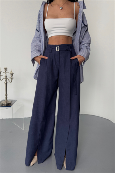 SALAŞ ÖNDEN YIRTMAÇ DETAYLI BEL KEMERLİ PANTOLON - Lacivert