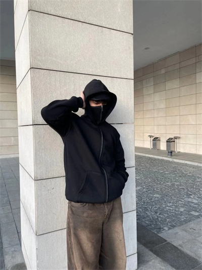 Samuray Ninja Çift Kapşonlu ZIP Fermuarlı Kanguru Çepli Tam Fermuarlı Hoodie Swetshirt - Siyah