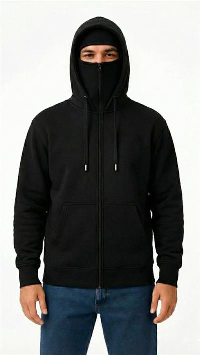 Samuray Ninja Çift Kapüşonlu ZIP Fermuarlı Kanguru Cepli Tam Fermuarlı Hoodie Sweatshirt - Siyah
