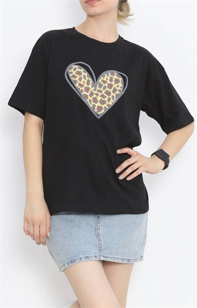Sevgililer Günü İçin Özel Tasarım Leopar Kalp Baskılı T-shirt - Siyah