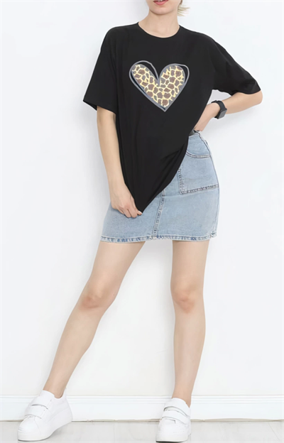 Sevgililer Günü İçin Özel Tasarım Leopar Kalp Baskılı T-shirt - Siyah