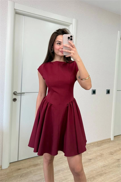 Sırt Dekolteli Çan Detaylı Mini Elbise - Bordo