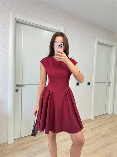 Sırt Dekolteli Çan Detaylı Mini Elbise - Bordo