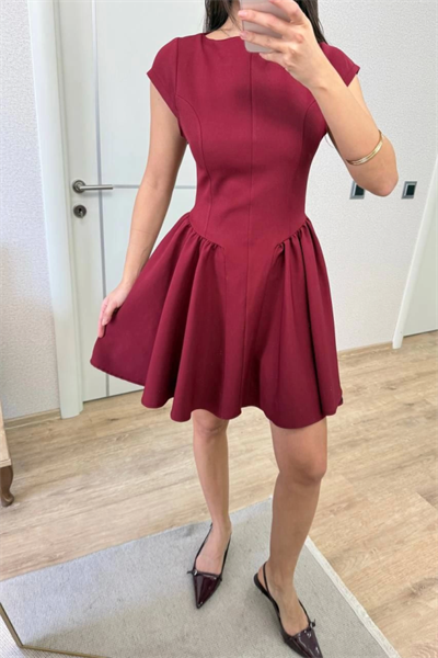 Sırt Dekolteli Çan Detaylı Mini Elbise - Bordo