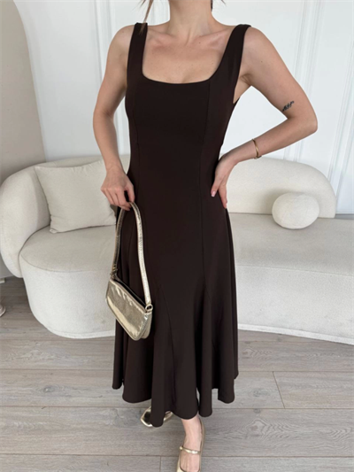 Sırt Dekolteli Kolsuz Uzun Elbise - Kahverengi